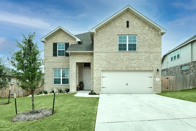 187 Glass Mountains Way, Dripping Springs, TX 78620 - traditional home with brick siding, concrete driveway, a garage, and roof with shingles