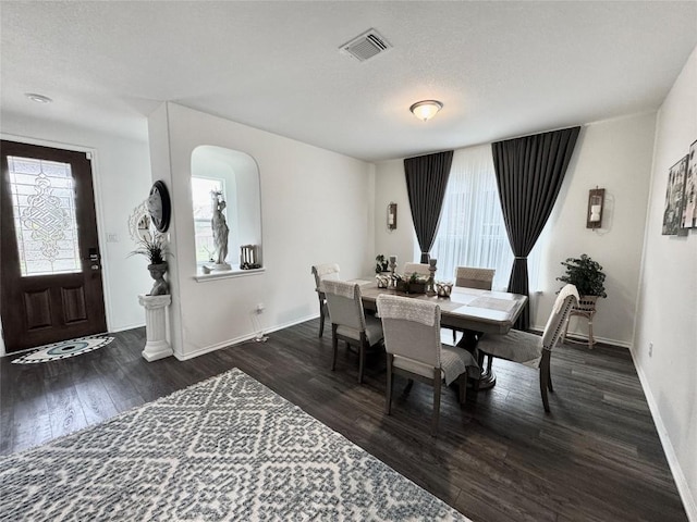 1121 Arbor Acres Loop, Leander, TX 78641 - dining space with wood finished floors, a textured ceiling, and arched walkways