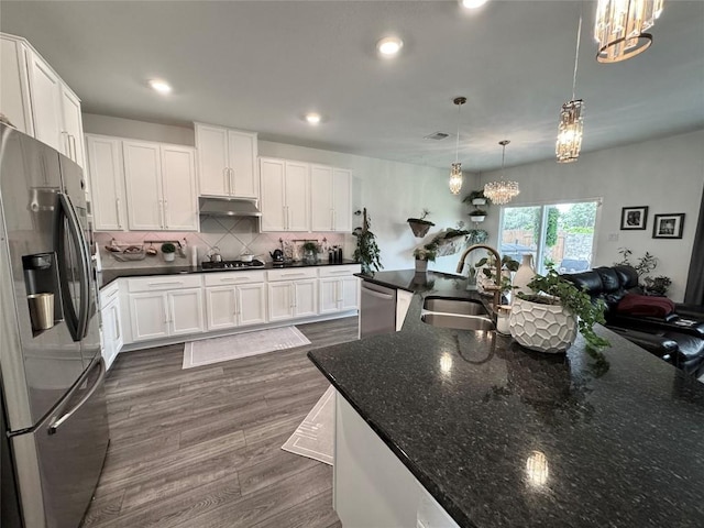 1121 Arbor Acres Loop, Leander, TX 78641 - kitchen with stainless steel appliances, a chandelier, under cabinet range hood, dark wood finished floors, and recessed lighting