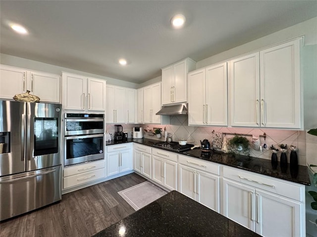 1121 Arbor Acres Loop, Leander, TX 78641 - kitchen featuring appliances with stainless steel finishes, under cabinet range hood, white cabinetry, dark wood finished floors, and recessed lighting