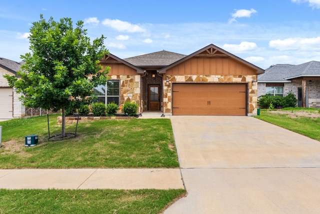 7606 Hickman St, Temple, TX 76502 - view of front of house featuring board and batten siding, a garage, driveway, a front lawn, and stone siding