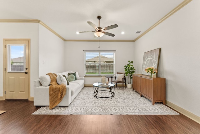 7606 Hickman St, Temple, TX 76502 - living area with ornamental molding, wood finished floors, and ceiling fan