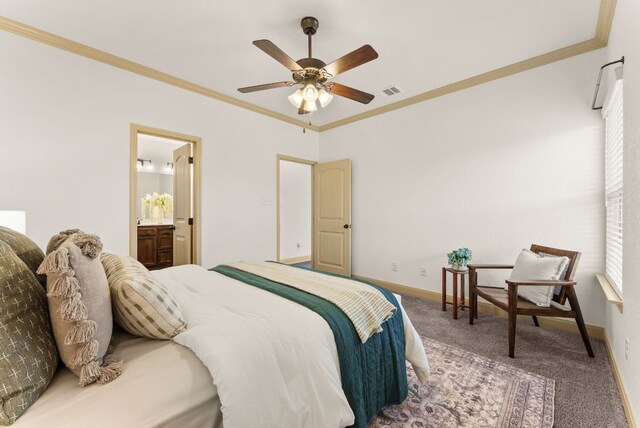 7606 Hickman St, Temple, TX 76502 - carpeted bedroom featuring ornamental molding, connected bathroom, and a ceiling fan
