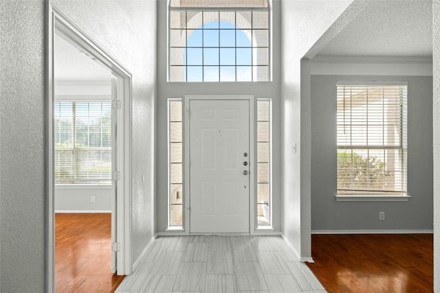 1217 Dove Cir, Cedar Park, TX 78613 - entrance foyer with wood finished floors, crown molding, a textured wall, and a textured ceiling
