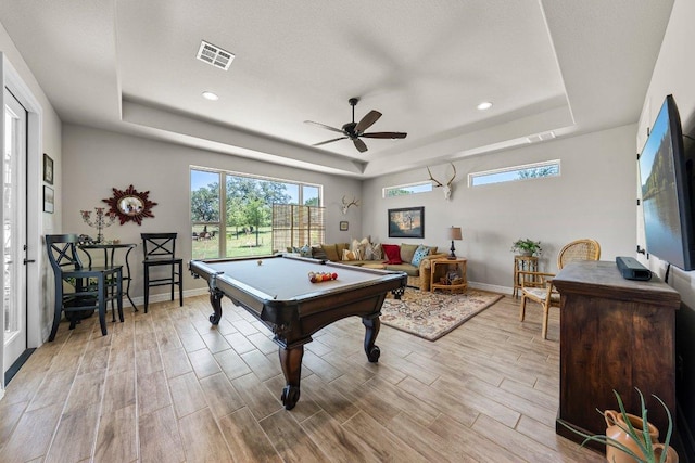 105 Clear Springs Ct, Marble Falls, TX 78654 - game room featuring a tray ceiling, ceiling fan, billiards, light wood finished floors, and recessed lighting