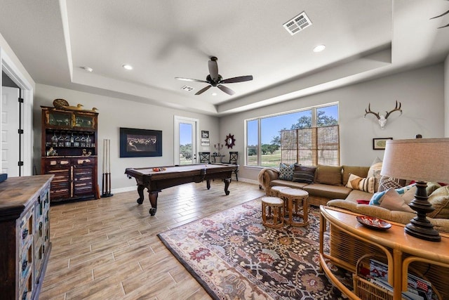 105 Clear Springs Ct, Marble Falls, TX 78654 - recreation room featuring a tray ceiling, billiards, ceiling fan, light wood-style floors, and recessed lighting