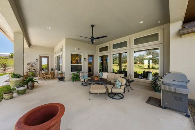 105 Clear Springs Ct, Marble Falls, TX 78654 - view of patio with area for grilling, an outdoor living space, and ceiling fan