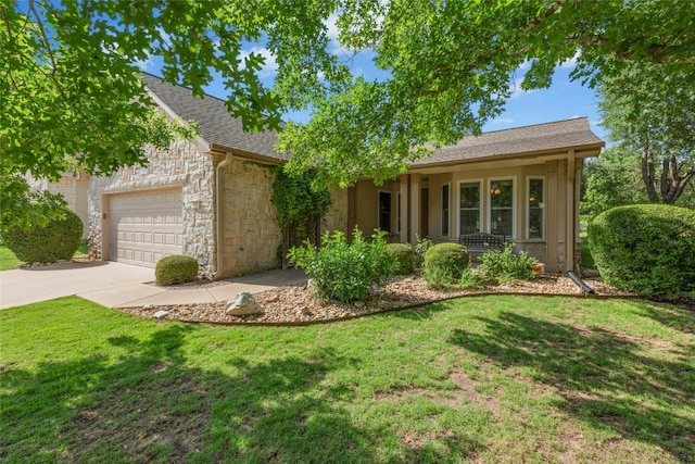 140 Whispering Wind Dr, Georgetown, TX 78633 - ranch-style home featuring stone siding, a garage, driveway, and a front yard