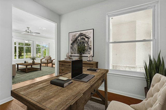 140 Whispering Wind Dr, Georgetown, TX 78633 - office featuring wood finished floors and ceiling fan