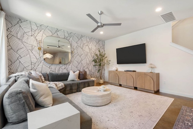6204 Hickman Ave Unit A, Austin, TX 78723 - living room featuring a ceiling fan, an accent wall, recessed lighting, and concrete flooring