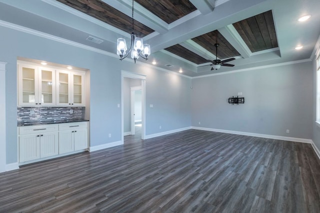 249 Pecan Meadow Ln, Belton, TX 76513 - unfurnished living room with beamed ceiling, dark wood-style floors, crown molding, a chandelier, and a ceiling fan