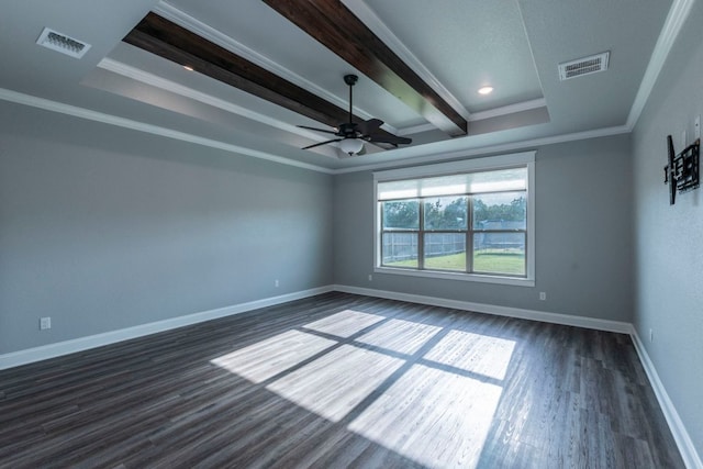 249 Pecan Meadow Ln, Belton, TX 76513 - empty room featuring dark wood finished floors, a ceiling fan, beamed ceiling, and ornamental molding