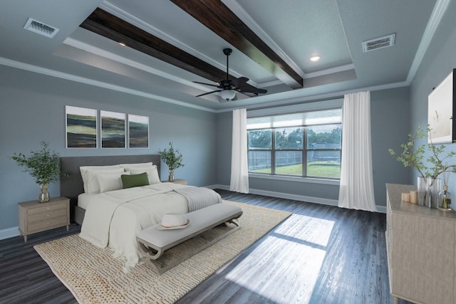 249 Pecan Meadow Ln, Belton, TX 76513 - bedroom with dark wood-style floors, beam ceiling, ornamental molding, and ceiling fan