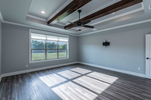 249 Pecan Meadow Ln, Belton, TX 76513 - empty room with a ceiling fan, dark wood-style flooring, beam ceiling, and crown molding