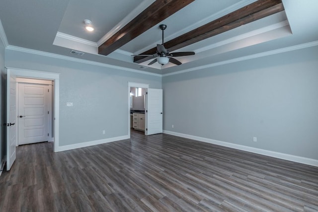 249 Pecan Meadow Ln, Belton, TX 76513 - unfurnished bedroom featuring beam ceiling, dark wood finished floors, ornamental molding, a ceiling fan, and connected bathroom
