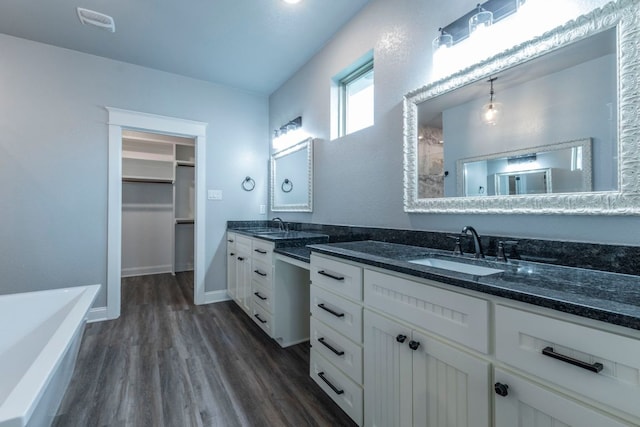 249 Pecan Meadow Ln, Belton, TX 76513 - bathroom featuring double vanity, wood finished floors, a tub to relax in, and a walk in closet