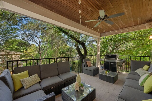 7709 Waldon Dr, Austin, TX 78750 - view of patio featuring an outdoor hangout area, a ceiling fan, and a grill