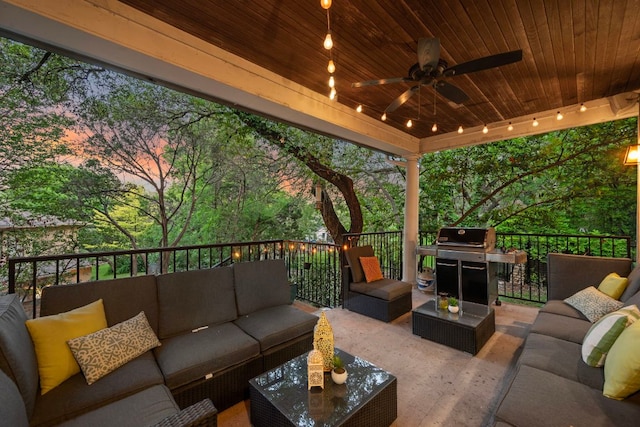 7709 Waldon Dr, Austin, TX 78750 - patio terrace at dusk with outdoor lounge area, a grill, and a ceiling fan