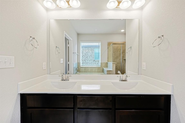1017 Sundrops St, Leander, TX 78641 - bathroom featuring a shower stall, double vanity, and a textured wall