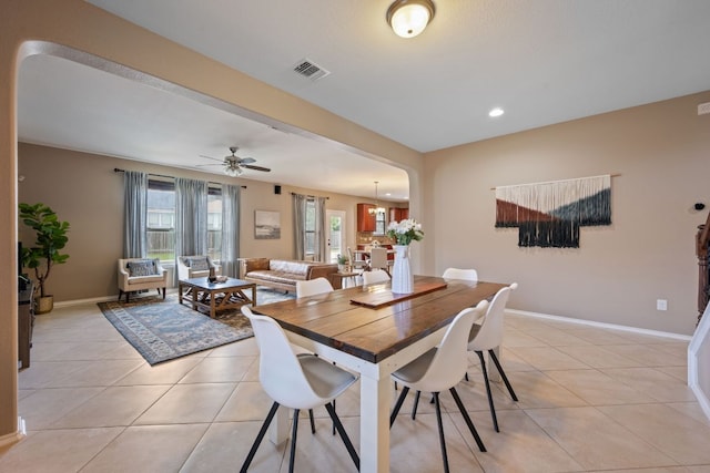 1012 Autumn Sage Way, Pflugerville, TX 78660 - dining area with light tile patterned floors, a ceiling fan, and recessed lighting