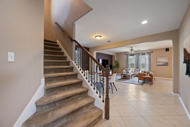 1012 Autumn Sage Way, Pflugerville, TX 78660 - stairs featuring a ceiling fan, tile patterned flooring, and recessed lighting