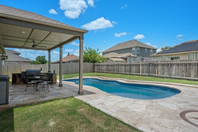 1012 Autumn Sage Way, Pflugerville, TX 78660 - view of swimming pool with a patio, a grill, a fenced backyard, and ceiling fan