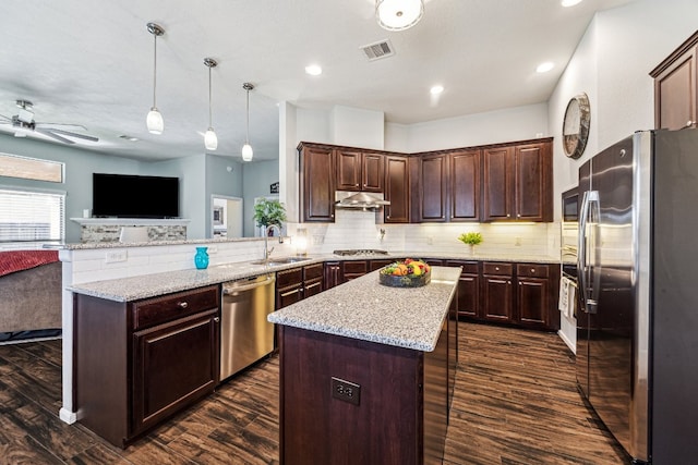 2502 Grey Kirby Dr, League City, TX 77573 - kitchen featuring stainless steel appliances, under cabinet range hood, open floor plan, a peninsula, and a ceiling fan