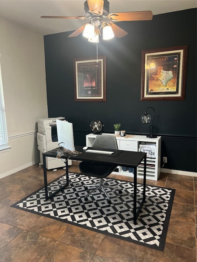 106 Hobbs Creek Cv, Cedar Creek, TX 78612 - living area with ceiling fan, stone finish flooring, and an office area