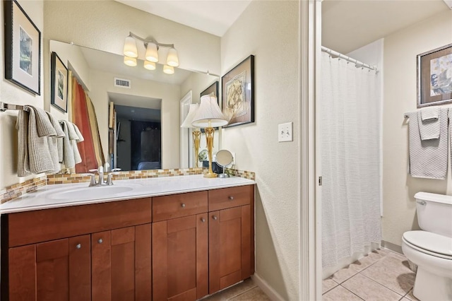7685 Northcross Dr Unit 304, Austin, TX 78757 - full bathroom featuring vanity, tile patterned flooring, backsplash, and a shower with shower curtain