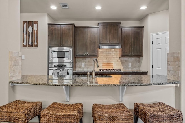 204 Archipelago Trl, Austin, TX 78717 - kitchen with appliances with stainless steel finishes, under cabinet range hood, dark brown cabinets, dark stone counters, and decorative backsplash