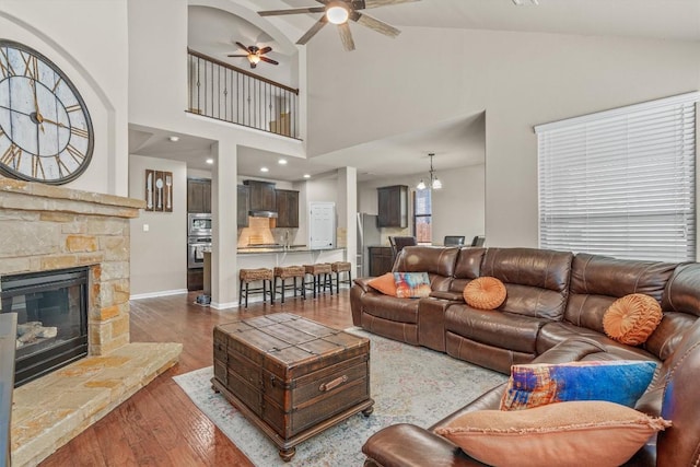 204 Archipelago Trl, Austin, TX 78717 - living area featuring ceiling fan, wood finished floors, a stone fireplace, high vaulted ceiling, and a chandelier