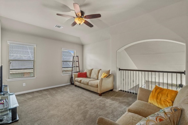 204 Archipelago Trl, Austin, TX 78717 - living area with a ceiling fan, carpet flooring, and lofted ceiling