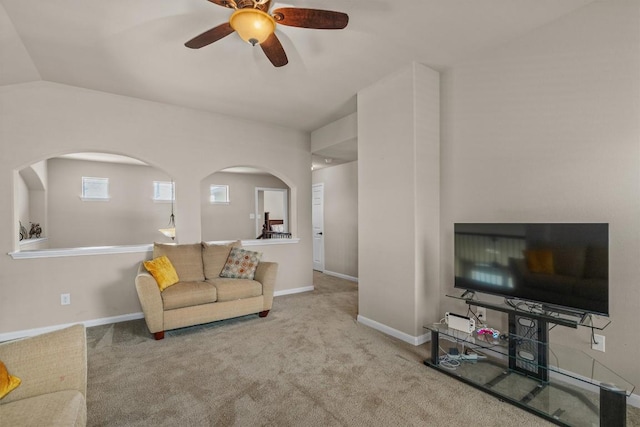204 Archipelago Trl, Austin, TX 78717 - carpeted living area with ceiling fan, arched walkways, and lofted ceiling