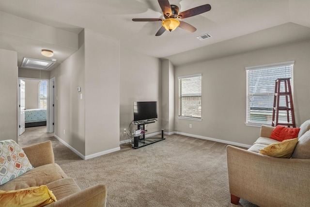 204 Archipelago Trl, Austin, TX 78717 - living room with carpet floors, attic access, a ceiling fan, plenty of natural light, and vaulted ceiling