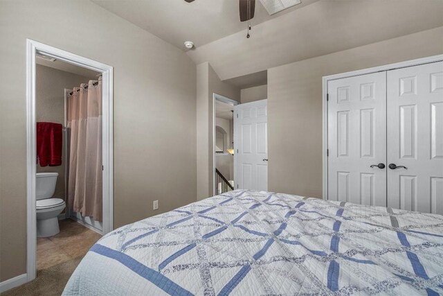 204 Archipelago Trl, Austin, TX 78717 - bedroom featuring a closet, vaulted ceiling, ceiling fan, and connected bathroom