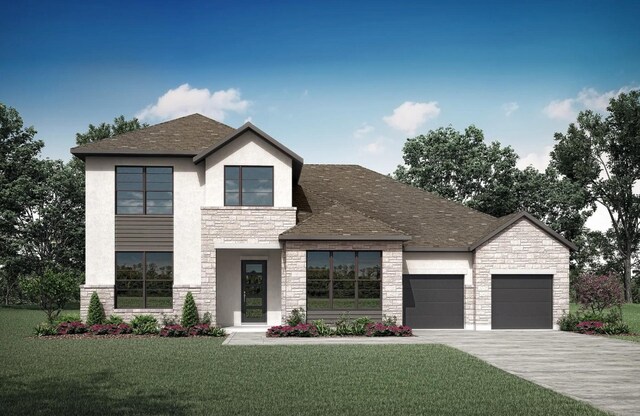 310 Yaklin Dr, Liberty Hill, TX 78642 - modern home featuring stone siding, a garage, a front yard, and driveway