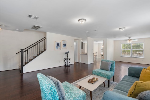 509 Red Tailed Hawk Dr, Pflugerville, TX 78660 - living area featuring stairway, wood finished floors, and a ceiling fan