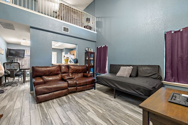 3010 Adam Cv, Round Rock, TX 78681 - living area featuring a textured wall, wood finished floors, and a high ceiling