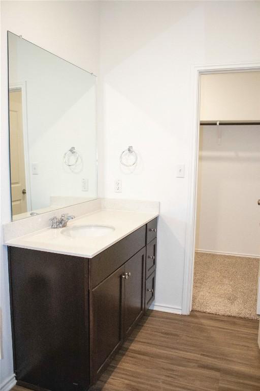 13801 Tordillo Dr, Elgin, TX 78621 - bathroom featuring vanity, wood finished floors, and a walk in closet