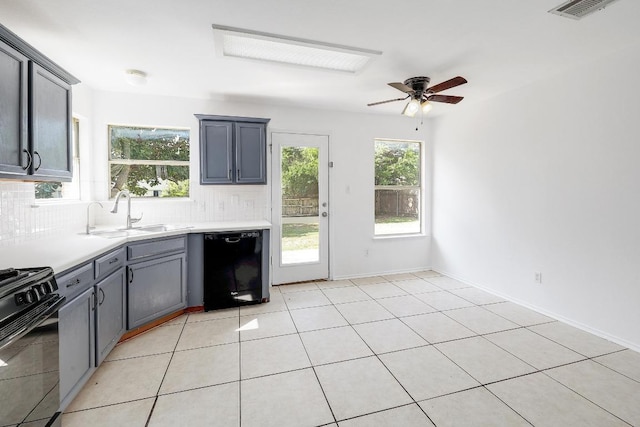 1505 Thibodeaux Dr, Round Rock, TX 78664 - kitchen featuring black appliances, ceiling fan, light countertops, and gray cabinetry