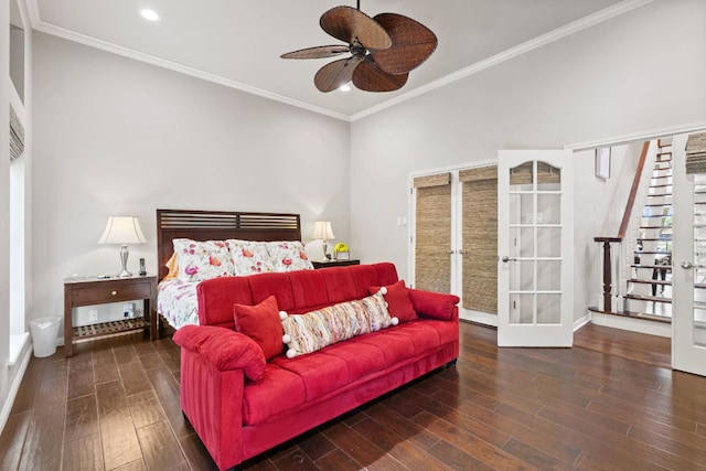 1005 Terry Ln, Kingsland, TX 78639 - bedroom featuring french doors, ornamental molding, wood finished floors, recessed lighting, and a ceiling fan