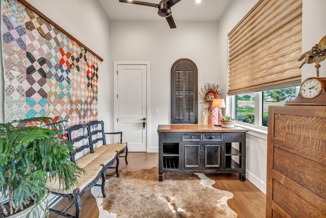 196 Westgate Loop, Horseshoe Bay, TX 78657 - bar with wood finished floors, a ceiling fan, and a towering ceiling