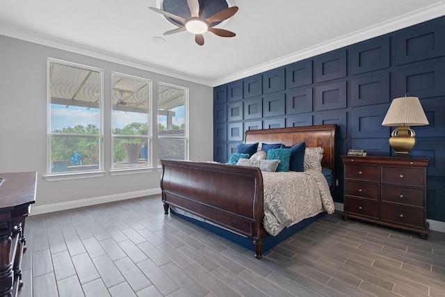 306 Iron Rail Ln, Georgetown, TX 78633 - bedroom featuring crown molding, wood finished floors, and ceiling fan
