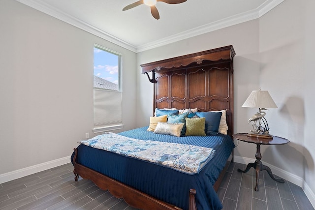 306 Iron Rail Ln, Georgetown, TX 78633 - bedroom featuring wood finish floors, ornamental molding, and a ceiling fan