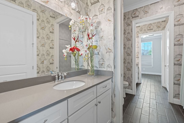 306 Iron Rail Ln, Georgetown, TX 78633 - bathroom with wallpapered walls, vanity, ornamental molding, and wood tiled floors