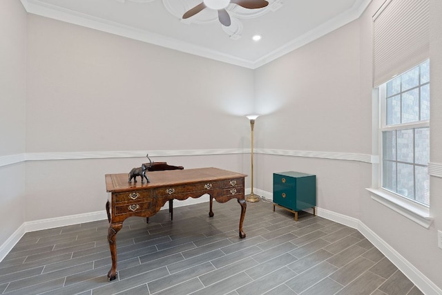 306 Iron Rail Ln, Georgetown, TX 78633 - office with ceiling fan, crown molding, wood finish floors, and recessed lighting
