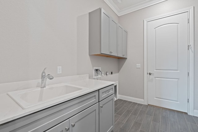 306 Iron Rail Ln, Georgetown, TX 78633 - laundry area featuring cabinet space, crown molding, washer hookup, and wood finish floors