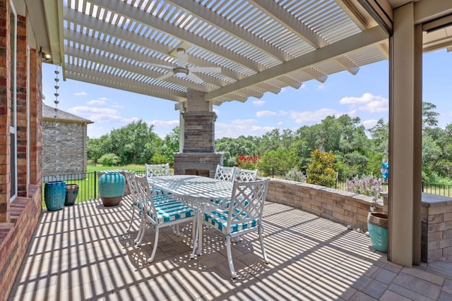 306 Iron Rail Ln, Georgetown, TX 78633 - view of patio featuring outdoor dining space, a pergola, and ceiling fan