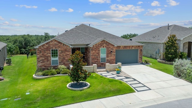 306 Iron Rail Ln, Georgetown, TX 78633 - view of front of property featuring a garage, driveway, roof with shingles, brick siding, and a front lawn