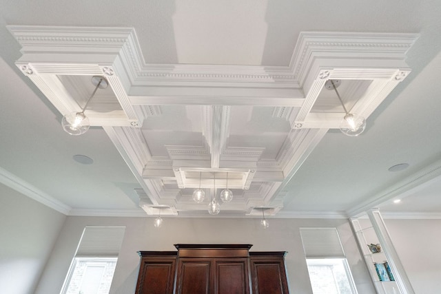 306 Iron Rail Ln, Georgetown, TX 78633 - detailed view of coffered ceiling, crown molding, and beamed ceiling